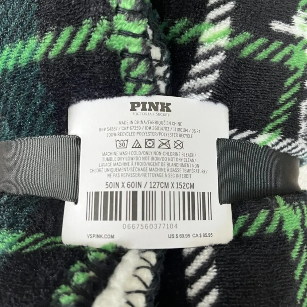 Victoria's Secret PINK Cozy Plush Logo Blanket Green Plaid Dog 50